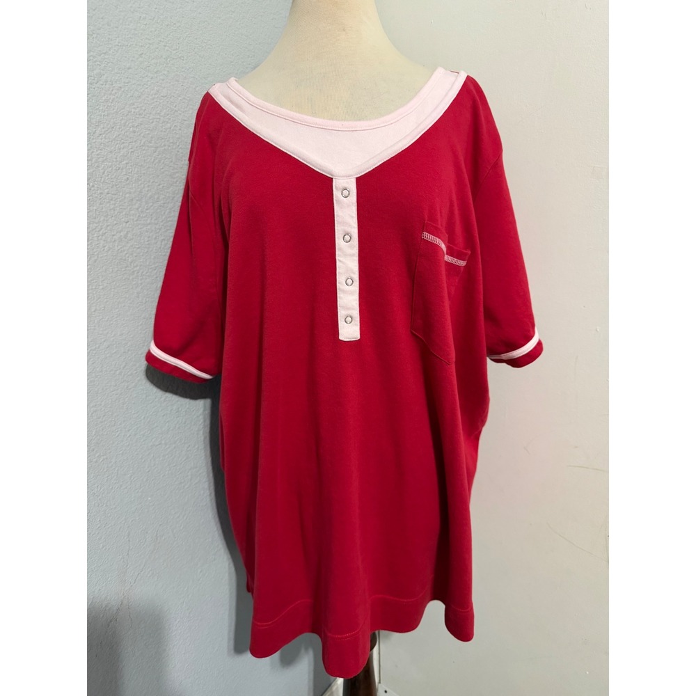 All American Comfort Womens 3X Red Pink Henley Sleep Shirt Lounge‎ Top Cotton